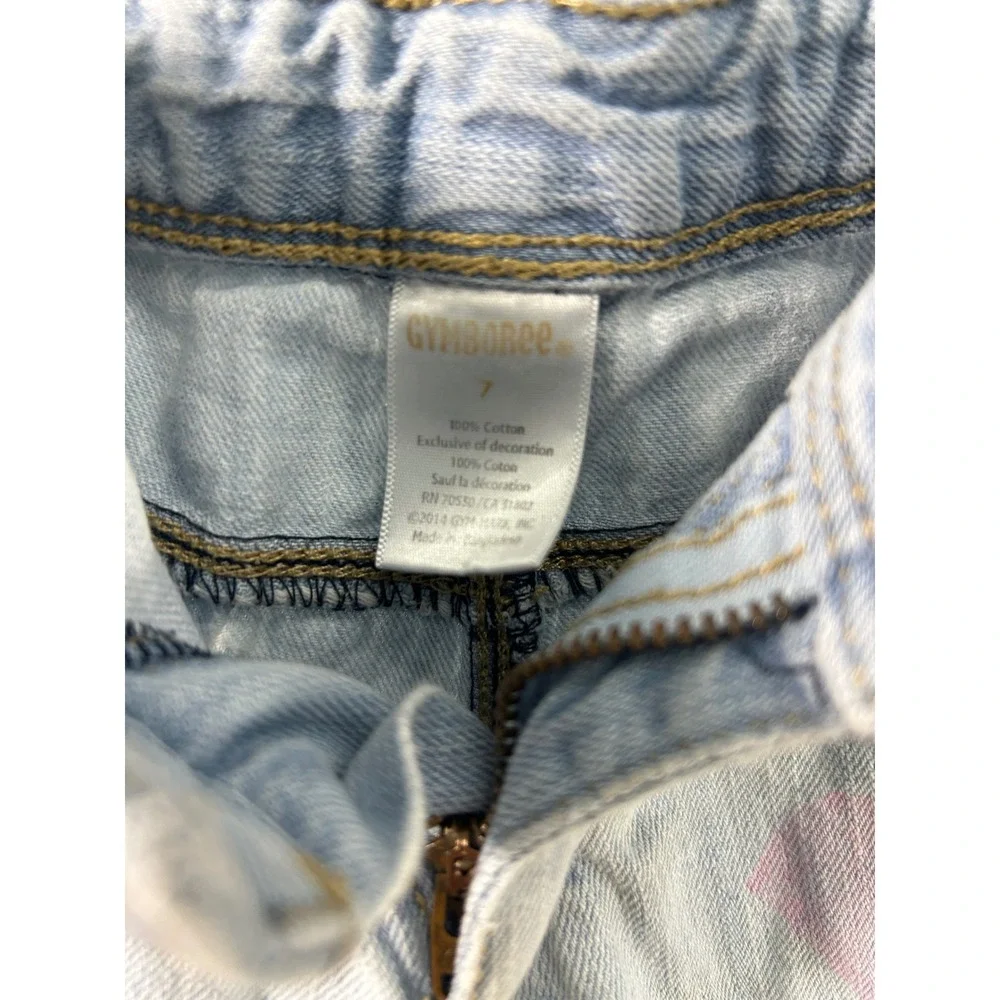 Gymboree Girls Light Wash Denim Heart Print Shorts Size 7 Pink Heart Blue Cotton